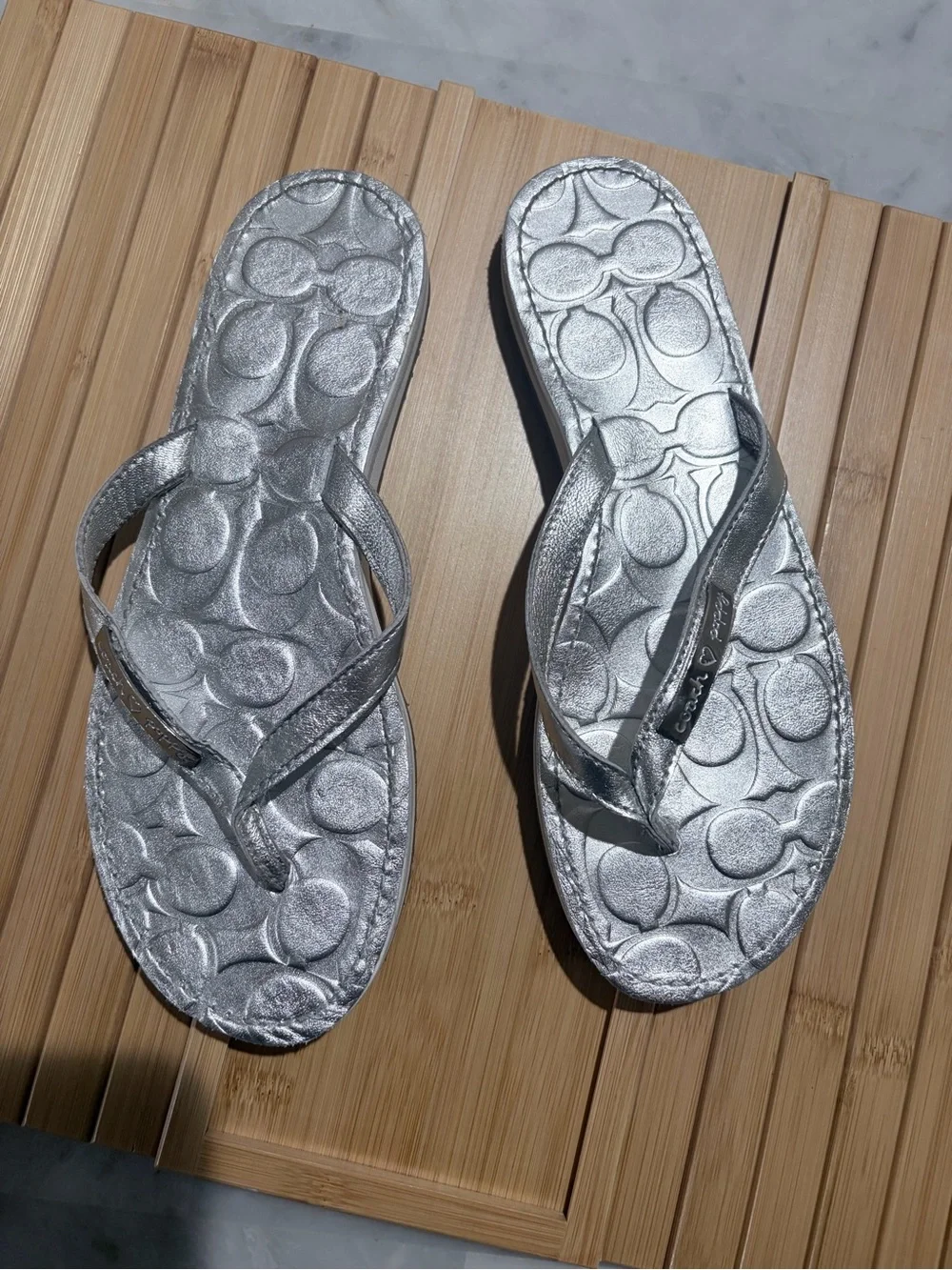 Coach Metallic Silver Signature Flip Flop Sandals